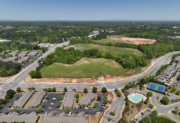 Aerial photograph shows the site of a proposed mixed-use development and arena that could bring an NHL franchise back to metro Atlanta, along Ga. 400 in southern Forsyth County on Tuesday, April 18, 2023. The project, called The Gathering at South Forsyth, aims to transform roughly 100 acres along Ga. 400 into an entertainment hub centered around an 18,000-seat arena. (Hyosub Shin / Hyosub.Shin@ajc.com) 