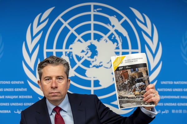 Tom Fletcher, under-secretary-general for Humanitarian Affairs and Emergency Relief Coordinator, attends a press conference at the European headquarters of the United Nations in Geneva, Switzerland, Tuesday, Dec. 3, 2024. (Salvatore Di Nolfi/Keystone via AP)