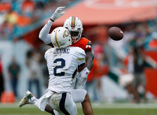 MIAMI GARDENS, FL - NOVEMBER 21: Jamal Carter #6 of the Miami Hurricanes breaks up the pass intended for Ricky Jeune #2 of the Georgia Tech Yellow Jackets on November 21, 2015 at Sun Life Stadium in Miami Gardens, Florida.(Photo by Joel Auerbach/Getty Images)