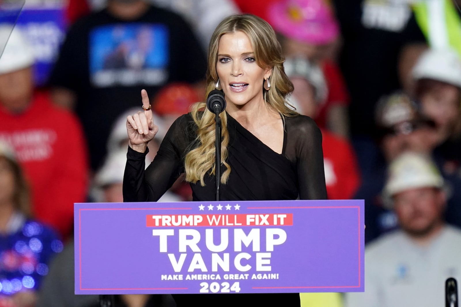 Megyn Kelly speaks at a campaign rally with Republican presidential nominee former President Donald Trump at PPG Paints Arena, Monday, Nov. 4, 2024, in Pittsburgh. (AP Photo/Matt Freed)