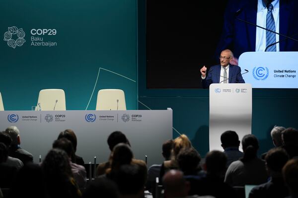 John Podesta, U.S. climate envoy, speaks during a news conference at the COP29 U.N. Climate Summit, Monday, Nov. 11, 2024, in Baku, Azerbaijan. (AP Photo/Joshua A. Bickel)