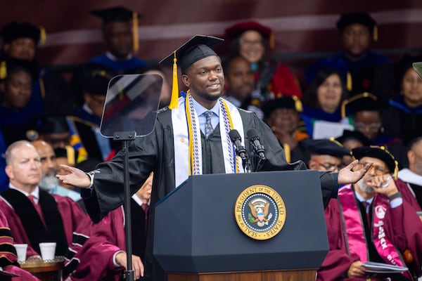 Valedictorian DeAngelo Jeremiah Fletcher speaks at the commencement ceremony at Morehouse College in Atlanta on Sunday, May 19, 2024. (Arvin Temkar / AJC)