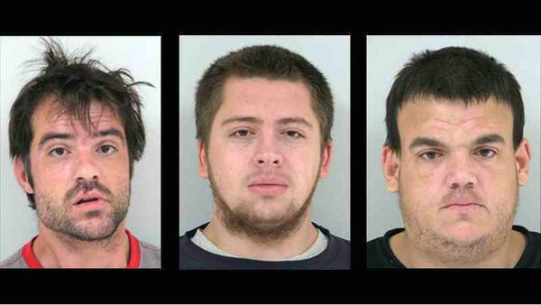 Thomas Barker, from left, Steven Powers and Joshua Holby were arrested Tuesday, Aug. 5, 2017, in connection with the month-long abduction of a 14-year-old Alexandria, Minnesota girl. Police said that Barker is the father of a friend of the girl.