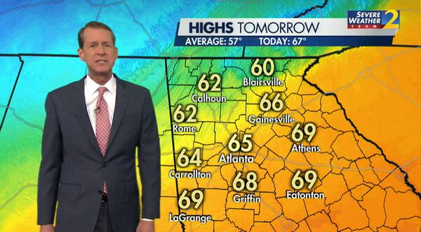 Channel 2 Action News meteorologist Brad Nitz forecasts the high temperatures for Saturday, Feb. 12, 2022. Temperatures are expected to reach as high as 69 degrees in Metro Atlanta. (Credit: Channel 2 Action News)