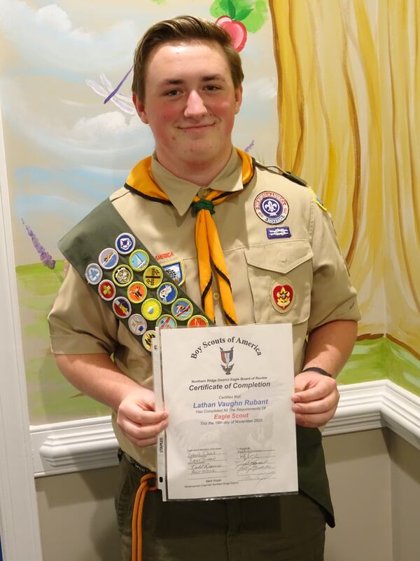 Lathan Rubant of Troop 87, sponsored by Roswell Presbyterian Church,
whose project was the design and construction of 3 8 foot co-joining music storage units for the
Roswell High School Band Room