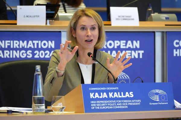 Estonia's Kaja Kallas, nominee for European Union High Representative and Vice-President for Foreign Affairs and Security Policy, speaks during her hearing at the European Parliament in Brussels on Tuesday, Nov. 12, 2024. (AP Photo/Virginia Mayo)