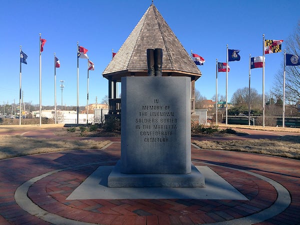 The Unknown Soldiers Monument stands outside the Marietta Confederate Cemetery. (PETE CORSON / pcorson@ajc.com)