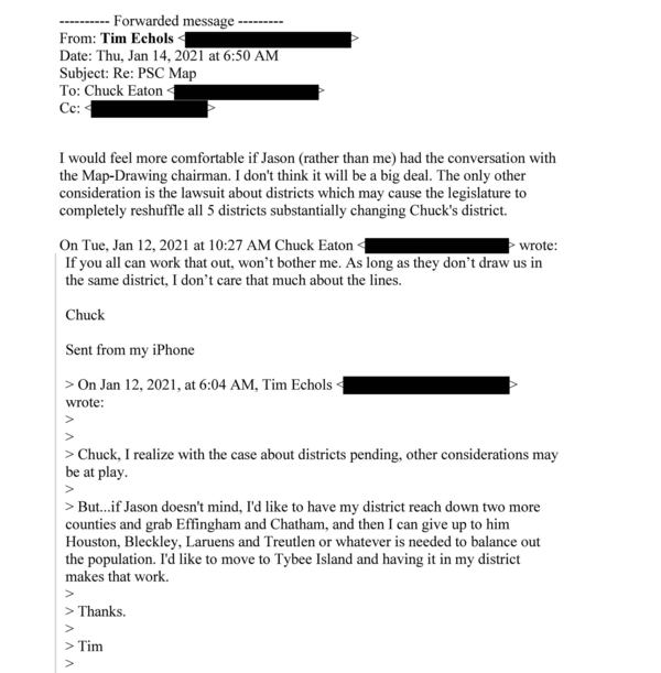 In emails exchanged with two other PSC commissioners from January 2021, Commissioner Tim Echols expressed his desire to move Chatham County into his district so that he could move to Tybee Island.