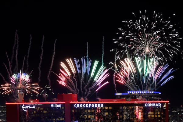 Fireworks explode over the Las Vegas Strip during a New Year's Eve celebration Wednesday, Jan. 1, 2025, in Las Vegas. (AP Photo/David Becker)