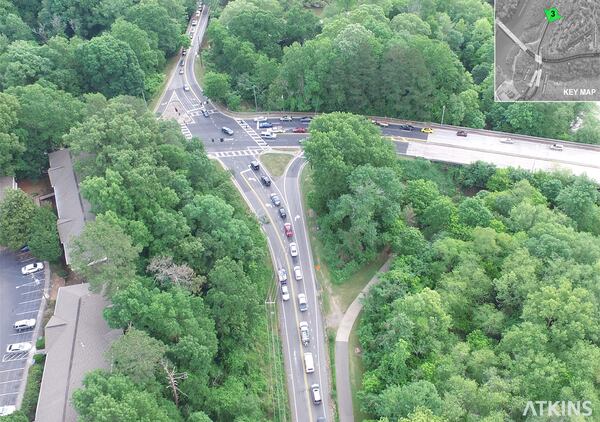 A current photo of the Sandy Spring and Roswell intersection at Atlanta Street, Riverside Road and Azalea Drive. Construction on the Roswell Historic Gateway is scheduled to start in 2023. Rendering courtesy of the city of Roswell. 