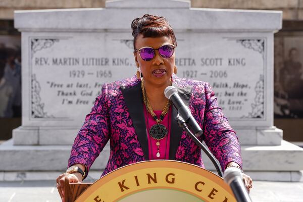 Bernice A. King, CEO of The King Center, speaks at a wreath laying ceremony at The King Center on the 54th anniversary of the assassination of Dr. Martin Luther King Jr., on Monday, April 4, 2022, in Atlanta. (Elijah Nouvelage/Special to the Atlanta Journal-Constitution)