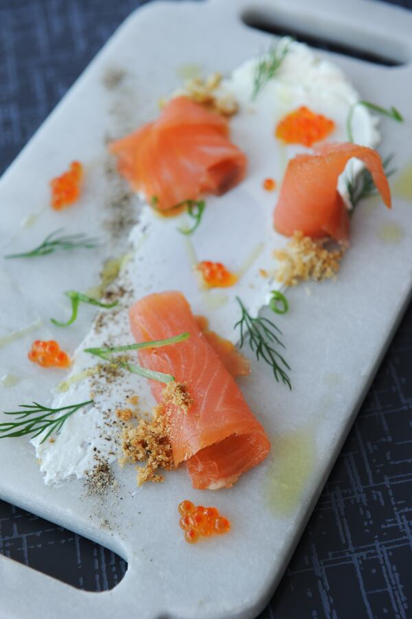 Smoked Salmon with yogurt cheese, dill rye bread crumbles and roe. (Beckystein.com)