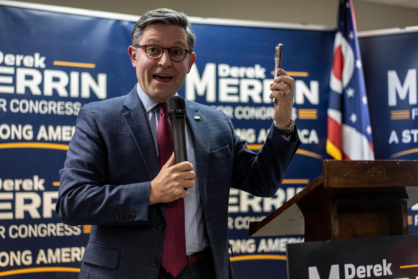 Speaker of the House Mike Johnson, R-La., speaks during a campaign event at the Lucas County Republican Party headquarters in Holland, Ohio, Saturday, Oct. 26, 2024. (AP Photo/Carolyn Kaster)