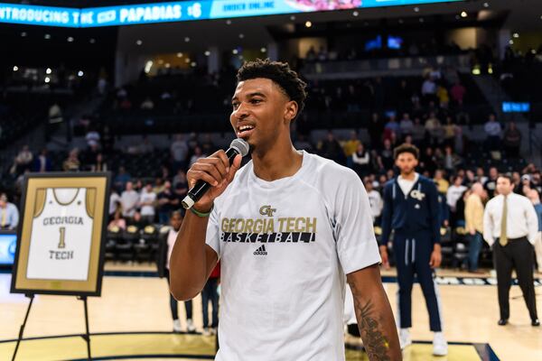 Georgia Tech guard Shembari Phillips addresses the crowd at McCamish Pavilion on senior night March 4, 2020. (Danny Karnik/Georgia Tech Athletics)