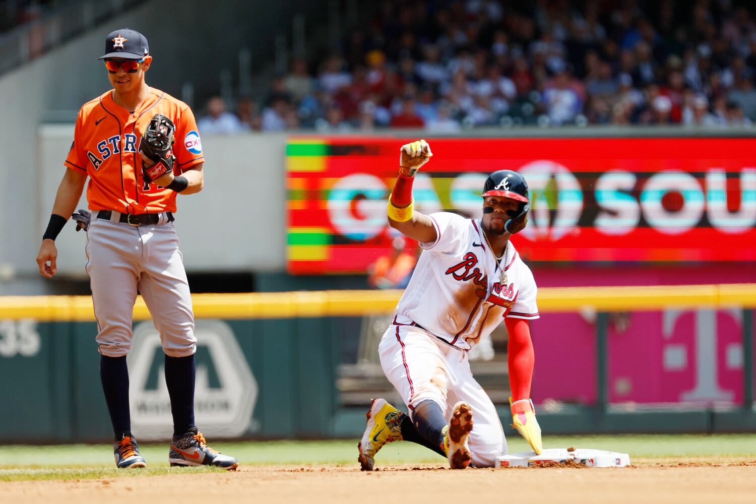 Braves right fielder Ronald Acuña (13) after stealing second base during the first inning against the Astros at Truist Park on Sunday, April 23, 2023, in Atlanta. 
Miguel Martinez / miguel.martinezjimenez@ajc.com 