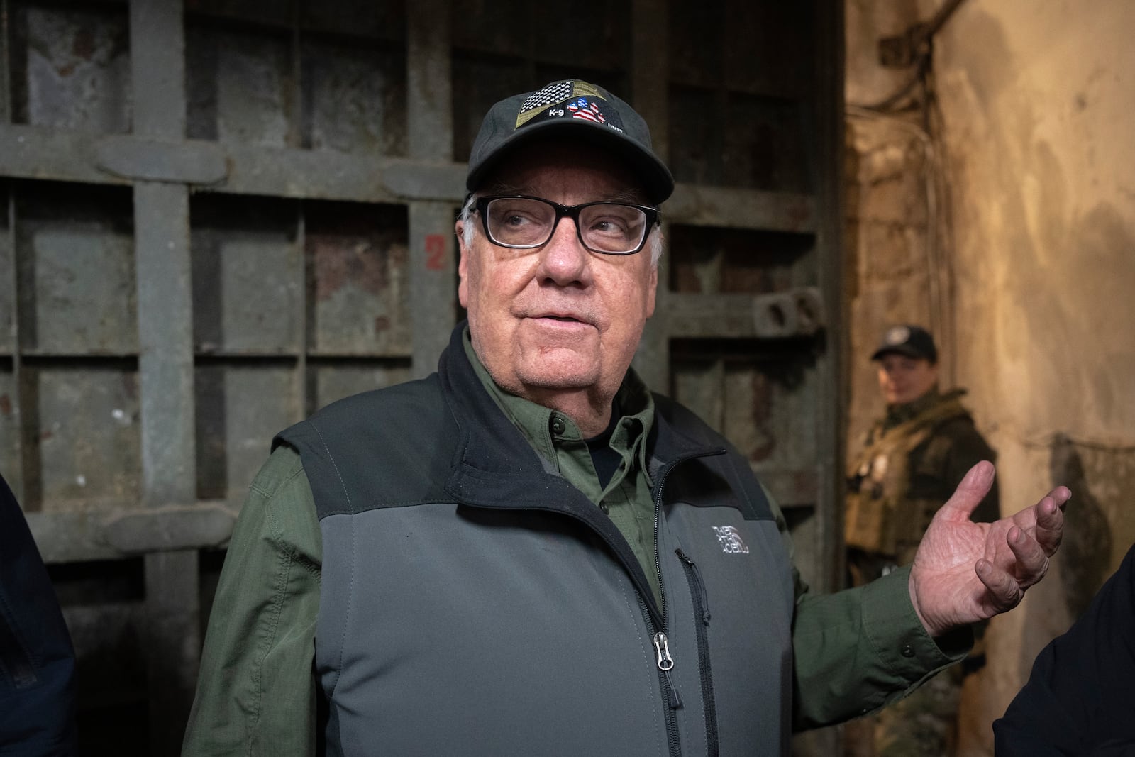 U.S. philanthropist Howard G. Buffett gestures in a shelter during Russian air raid alert in Kharkiv region, Ukraine, Monday, Oct. 28, 2024. (AP Photo/Efrem Lukatsky)