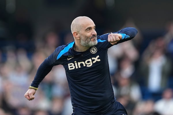 Chelsea's head coach Enzo Maresca celebrates at the end of the English Premier League soccer match between Chelsea and Leicester City, at the Stamford Bridge stadium in London, Sunday, March 9, 2025. (AP Photo/Dave Shopland)