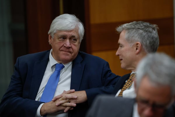 Bill Cowsert (R-Athens), the Senate Select Committee on Investigation chairman, speaks with Sen. John Kennedy (R-Macon), before a hearing in Fulton County Superior Court. They are arguing that the committee can enforce subpoenas against Fulton County District Attorney Fani Willis (Tuesday, December 3, 2024, in Atlanta.
(Miguel Martinez / AJC)