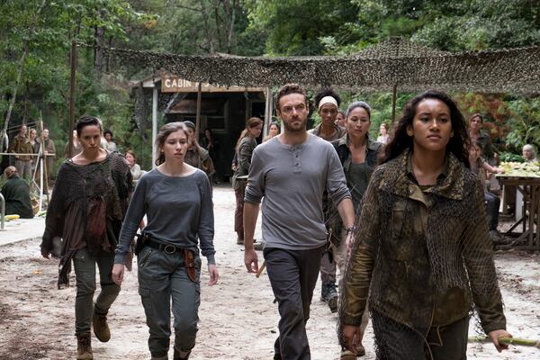  Briana Venskus as Beatrice, Katelyn Nacon as Enid, Ross Marquand as Aaron, Sydney Park as Cyndie - The Walking Dead _ Season 8, Episode 10 - Photo Credit: Gene Page/AMC