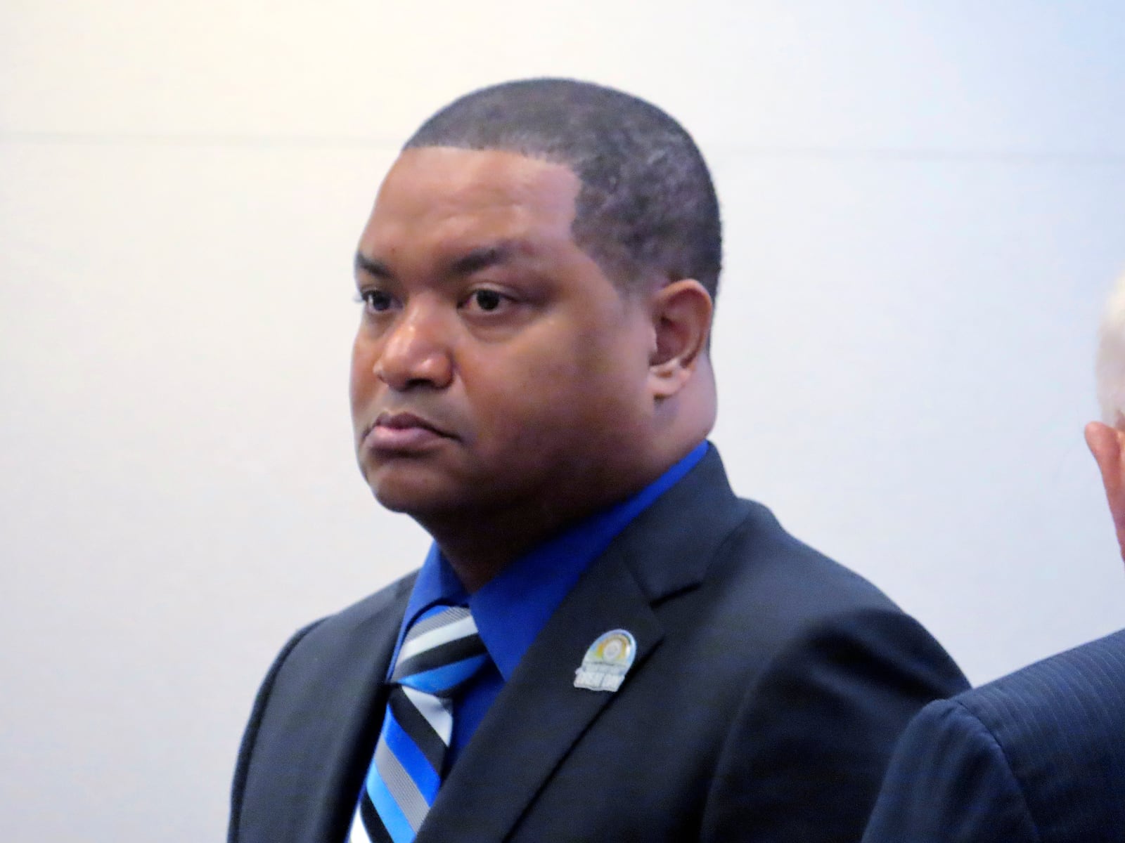 Atlantic City N.J.Mayor Marty Small Sr. listens to a judge speak during a court appearance in Mays Landing N.J. on Thursday, Oct. 10, 2024 on charges that he and his wife La'Quetta Small, the city's superintendent of schools, beat and abused their teenage daughter, charges that the couple deny. (AP Photo/Wayne Parry)