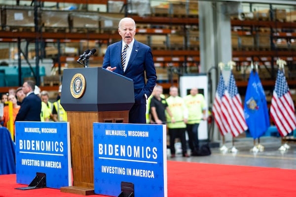 President Joe Biden delivers remarks on his economic plan, at Ingeteam, Inc., in Milwaukee on Tuesday, Aug. 15, 2023. The president has launched a $25 million campaign ads in Georgia and other battleground states. (Pete Marovich/The New York Times)