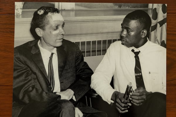 A photo taken by the Times-Picayune shows James Peck and Charles Person after arriving in New Orleans in 1961 following the first Freedom Ride. (Ben Gray for The Atlanta Journal-Constitution / P.A. Hughes for Times-Picayune)