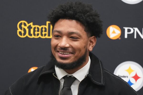 Pittsburgh Steelers newly signed free agent linebacker Malik Harrison meets with reporters during an NFL football news conference in Pittsburgh, Thursday, March 13, 2025. (AP Photo/Gene J. Puskar)