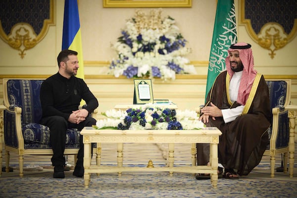 In this photo provided by the Ukrainian Presidential Press Office, Ukrainian President Volodymyr Zelenskyy meets with Saudi's Crown Prince Mohammed bin Salman at the Royal Palace in Riyadh, Saudi Arabia, Monday, March 10, 2025. (Ukrainian Presidential Press Office via AP)