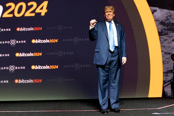 FILE - Republican presidential candidate former President Donald Trump arrives to speak at the Bitcoin 2024 conference, Saturday, July 27, 2024, in Nashville, Tenn. (AP Photo/Alex Brandon, File)