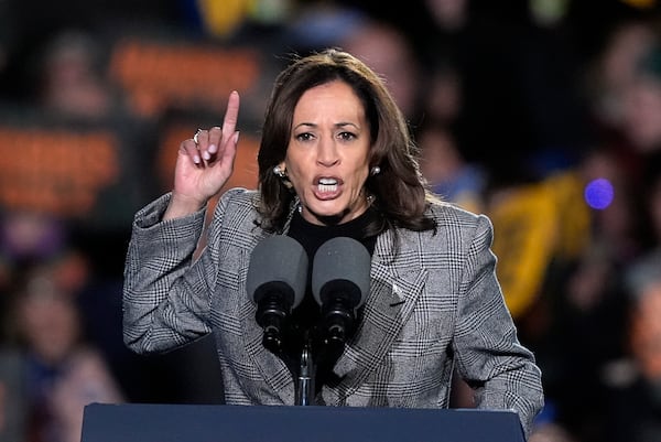 Democratic presidential nominee Vice President Kamala Harris speaks during a campaign rally at Burns Park in Ann Arbor, Mich., Monday, Oct. 28, 2024. (AP Photo/Carlos Osorio)