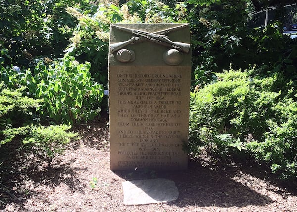 The Old Guard of the Gate City Guard erected this monument at Peachtree Battle Avenue near Peachtree Road. (Pete Corson / pcorson@ajc.com)