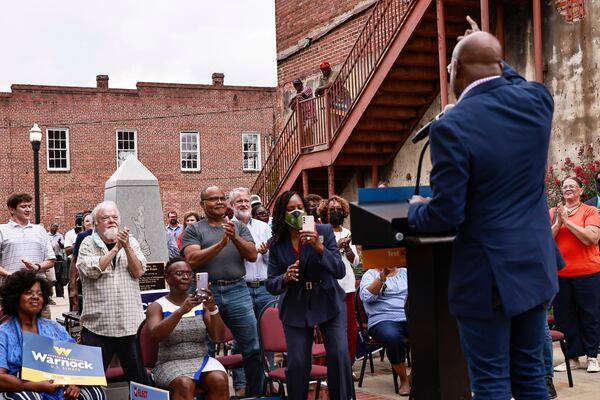 Democratic U.S. Sen. Raphael Warnock speaks at an August campaign rally in Milledgeville. (Natrice Miller/natrice.miller@ajc.com)