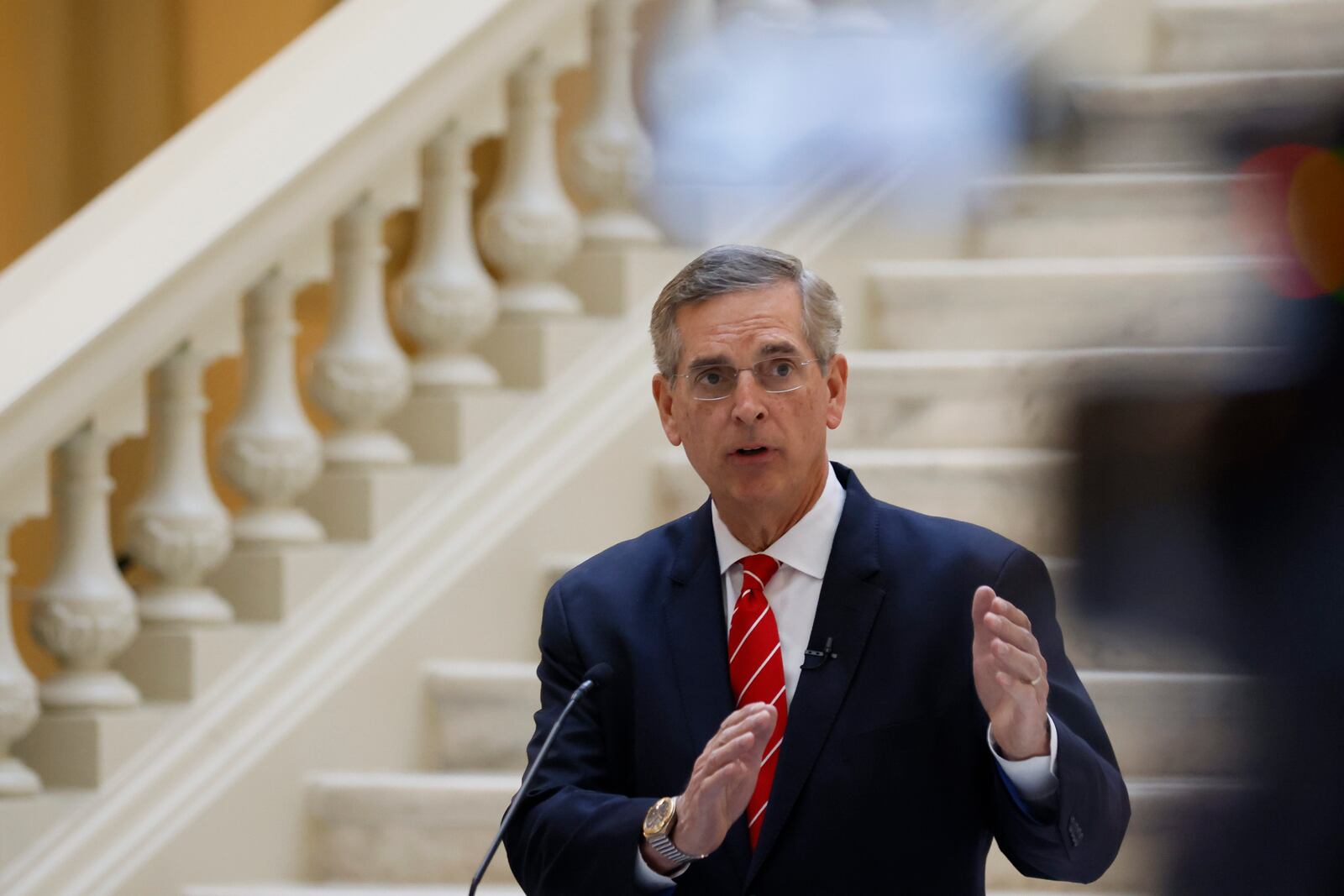 Secretary of State Brad Raffensperger during his Wednesday news conference at the Capitol.