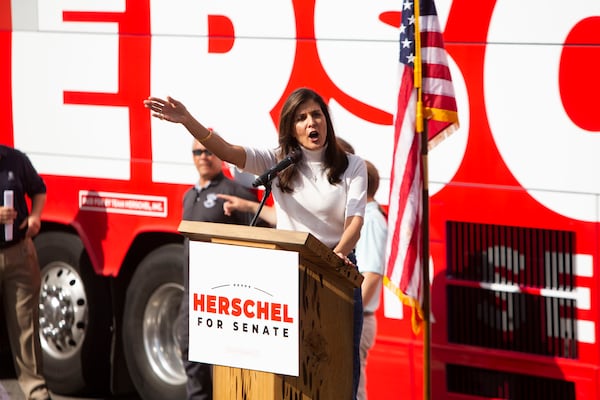 Former U.S. Ambassador to the United Nations Nikki Haley, campaigning Sunday in Hiram with Republican U.S. Senate hopeful Herschel Walker, took a shot at his opponent, Democratic U.S. Sen. Raphael Warnock. "The only person we need to make sure we deport is Warnock," Haley said. That drew criticism from Georgia Latino leader Jerry Gonzales, who said that even as a a joke, the remark “feeds a dangerous pattern of extremism and distraction” while continuing efforts "trying to make points with a voting bloc of white nationalists.” CHRISTINA MATACOTTA FOR THE ATLANTA JOURNAL-CONSTITUTION.