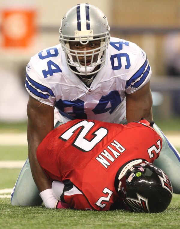 Cowboys linebacker DeMarcus Ware (94) sacks Falcons quarterback Matt Ryan.