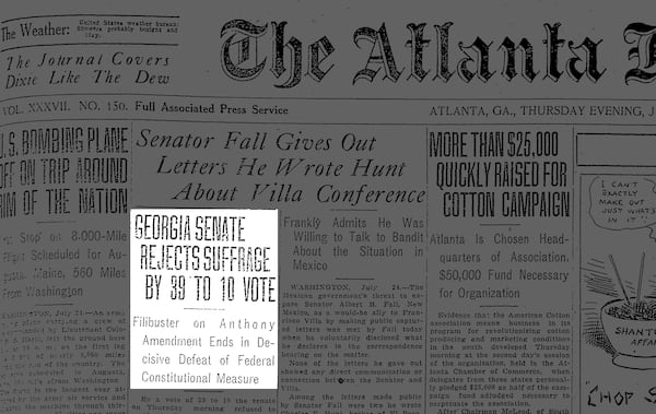 The July 24, 1919, edition of The Atlanta Journal reported on Georgia's rejection of the 19th Amendment. 