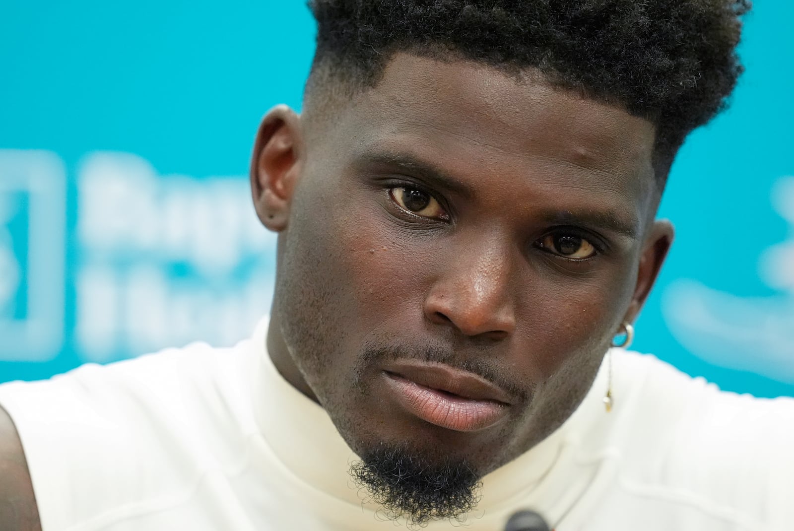 Miami Dolphins wide receiver Tyreek Hill speaks to journalists following a team practice, Wednesday, Sept. 11, 2024, in Miami Gardens, Fla. (AP Photo/Rebecca Blackwell)