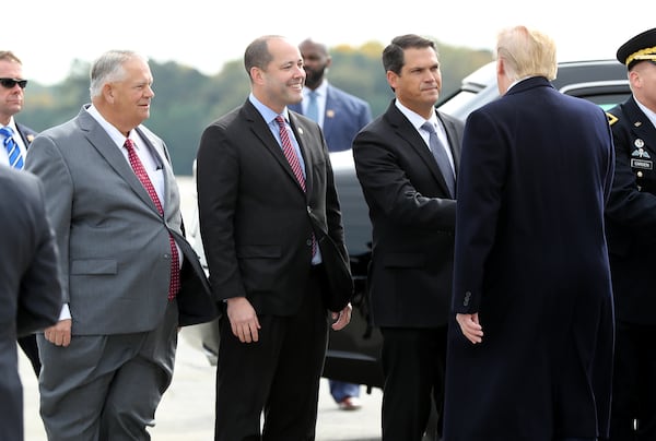 In this file photo, Lt. Gov. Geoff Duncan greets President Donald Trump as he arrives at Dobbins Air Force Base on Nov. 8, 2019, in Marietta. Curtis Compton/ccompton@ajc.com