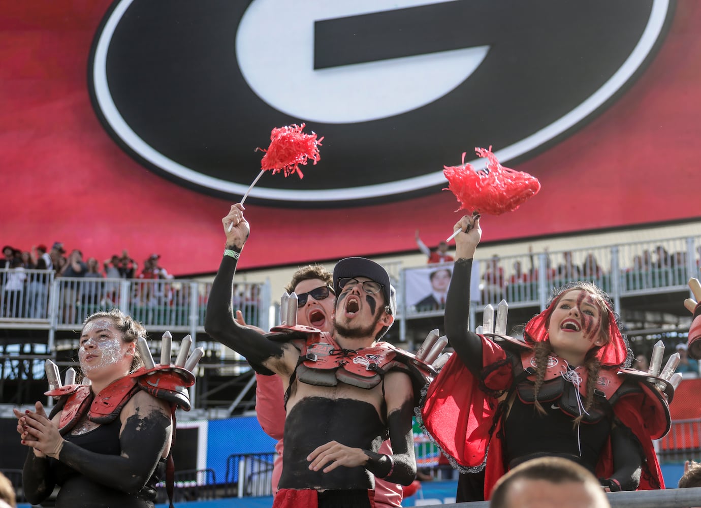 10/30/21 - Jacksonville - Members of the UGA Spike Squad as the Bulldogs take the field for warmups at the annual NCCA  Georgia vs Florida game at TIAA Bank Field in Jacksonville.   Bob Andres / bandres@ajc.com