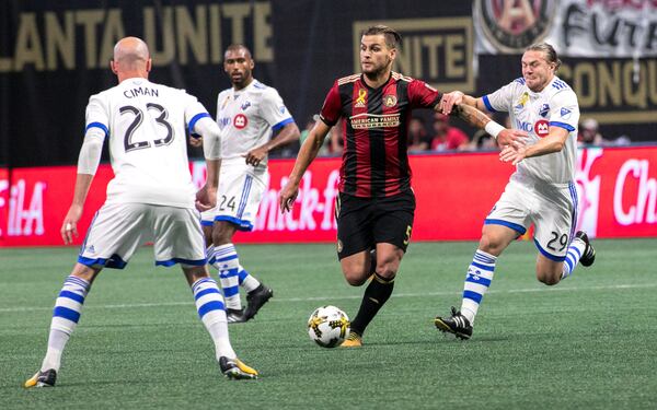 Atlanta United's Leandro Gonzalez (5) looks to pass during the first half of a MLS soccer game against Montreal Impact at Mercedes-Benz Stadium, Sunday, Sept. 24, 2017, in Atlanta.  BRANDEN CAMP/SPECIAL