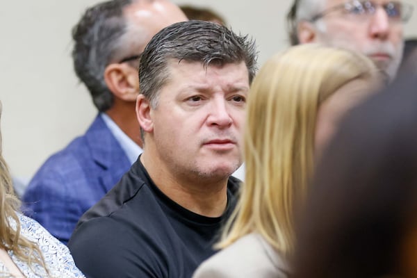 Jason Riley (center), Laken Riley’s father, attends Jose Ibarra's trial at Athens-Clarke County Superior Court on Nov. 18 in Athens. 
(Miguel Martinez/AJC)