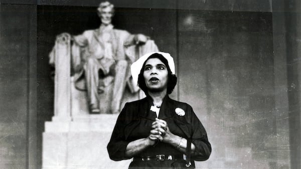 Contralto Marian Anderson sings at the Lincoln Memorial in Washington, D.C., in 1952, the same place where she gave a similar outdoor concert in 1939 before a crowd of more than 75,000 and a radio audience of millions. Her 1939 concert had been moved to the monument after the Daughters of the American Revolution refused to allow her to sing to an integrated audience in Constitution Hall. CONTRIBUTED BY UNIVERSITY OF PENNSYLVANIA, ANNENBERG RARE BOOK AND MANUSCRIPT LIBRARY