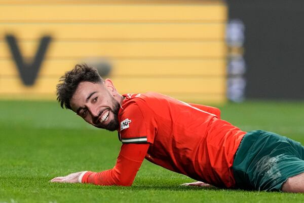 Portugal's Bruno Fernandes reacts during the UEFA Nations League soccer match between Portugal and Denmark, at the Jose Alvalade Stadium in Lisbon, Sunday, March 23, 2025. (AP Photo/Armando Franca)