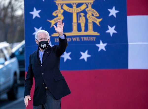 President-elect Joe Biden waves toward the crowd following his remarks during a campaign rally for U.S. Senate Democrat candidates Rev. Raphael Warnock and Jon Ossoff in Atlanta’s Summerhill neighborhood, Monday, January 4, 2021. (Alyssa Pointer / Alyssa.Pointer@ajc.com)