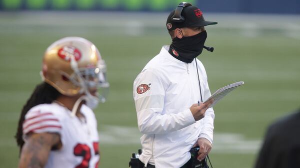 San Francisco 49ers coach Kyle Shanahan stands on the sideline during the second half against the Seattle Seahawks Sunday, Nov. 1, 2020, in Seattle. (Scott Eklund/AP)