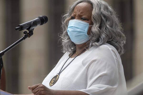 Elisabeth Williams-Omilami of Hosea Helps speaks about Secoriea Turner during a prayer vigil put together by Hosea Helps at Atlanta’s City Hall on Wednesday, July 8, 2020. (ALYSSA POINTER / ALYSSA.POINTER@AJC.COM)