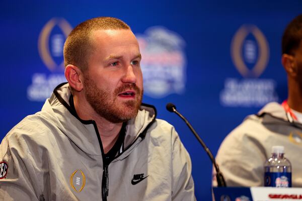 Georgia co-defensive coordinator Glenn Schumann speaks during a news conference Tuesday. Georgia will face Ohio State in the 2022 College Football Playoff semifinal at the Chick-fil-A Peach Bowl. (Jason Parkhurst via Abell Images for the Chick-fil-A Peach Bowl)