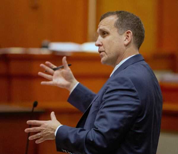 Prosecutor Lance Cross talks with the jurors during the jury selection portion of the trial of Gregory Williams, a mentally ill veteran who is accused of killing his grandmother in 2017, in the DeKalb County Courthouse Monday.   STEVE SCHAEFER / SPECIAL TO THE AJC