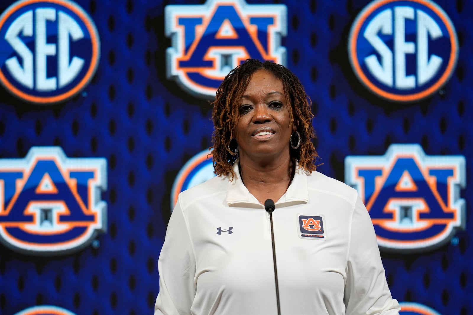 Auburn women's NCAA college basketball head coach Johnnie Harris speaks during Southeastern Conference Media Day, Wednesday, Oct. 16, 2024, in Birmingham, Ala. (AP Photo/Mike Stewart)