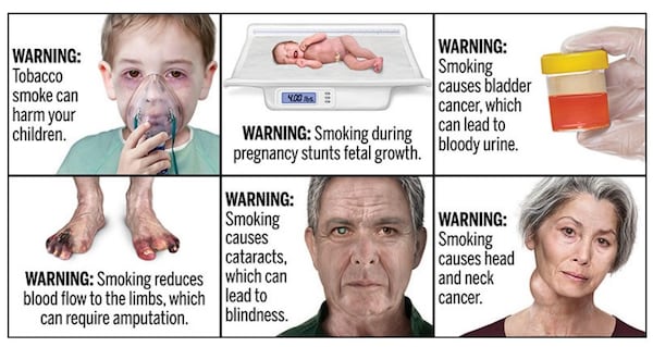 A sampling of the graphic warnings FDA rules would plaster on cigarette packaging and advertising.